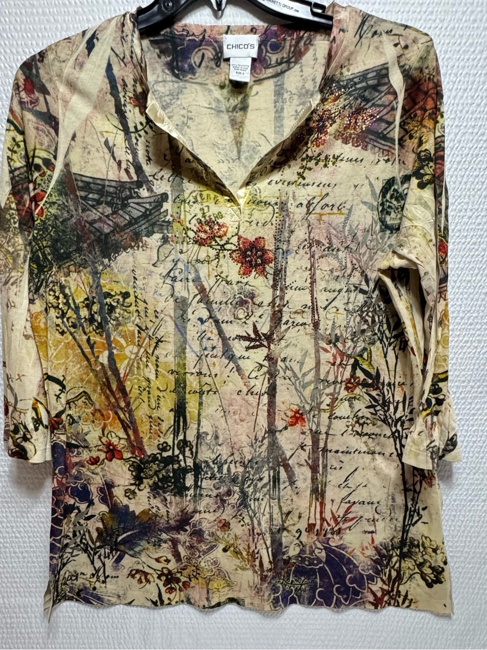 Chico's Floral Script Print Tunic Top - Cream Multi